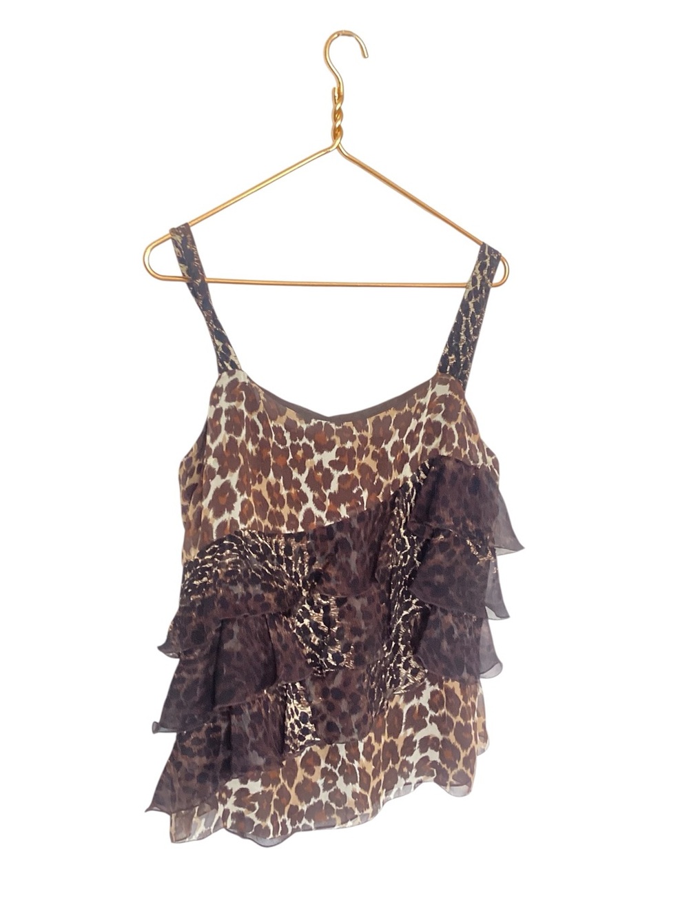 Y2K 100% Silk Express Animal Cheetah Print Ruffle Tank Top L